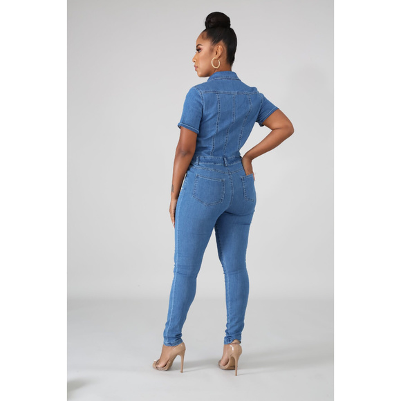 Light Wash Button Front Skinny Jumpsuit - Picture 3 of 4